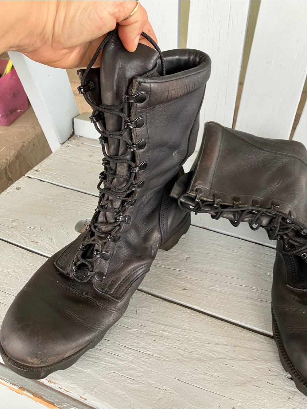 Men's Black Leather Lace-Up Combat Boots RO SEARCH Vintage Military - Picture 7 of 15